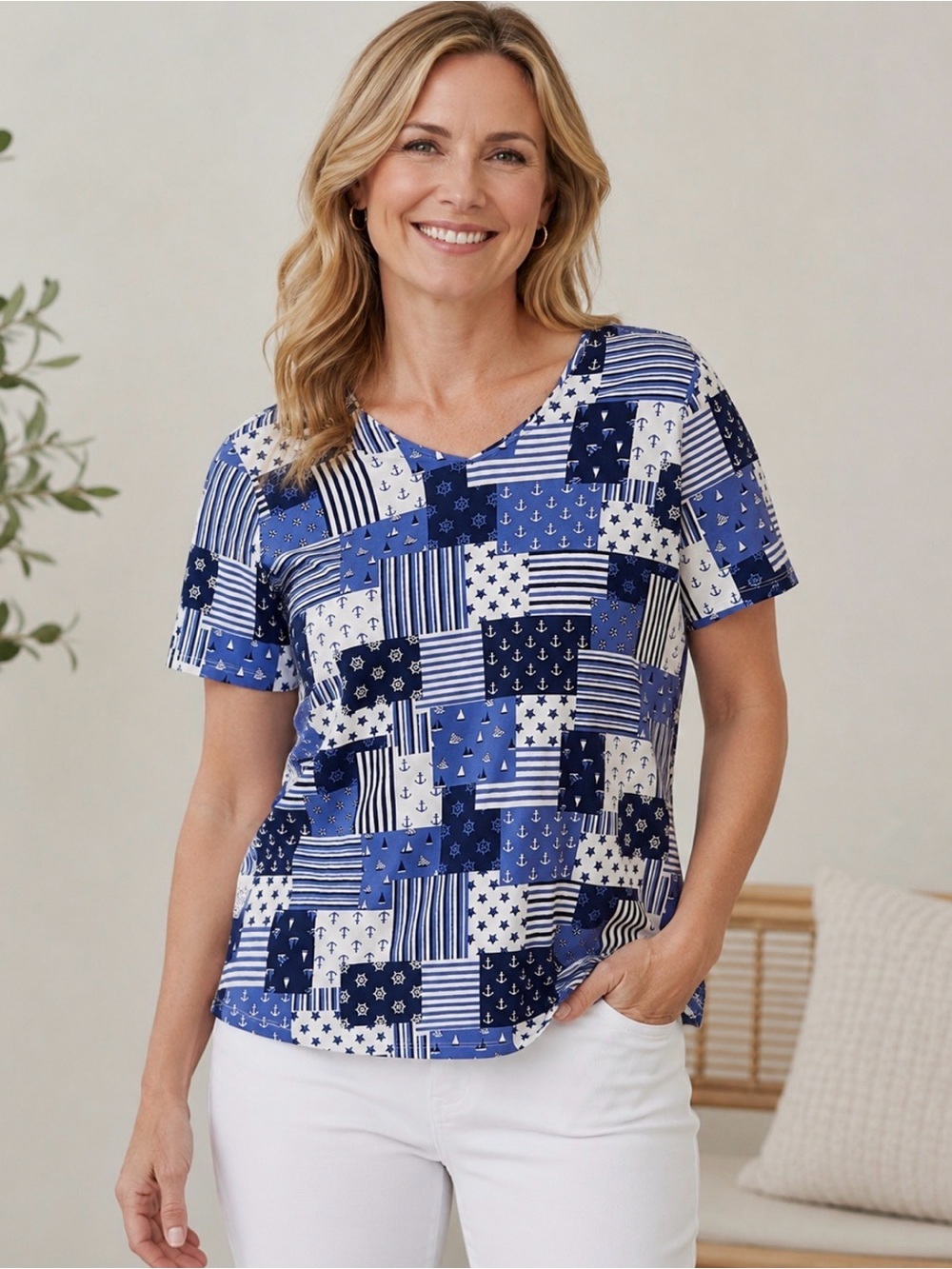 Denim&Co Blue Patchwork Print Short Sleeve Top